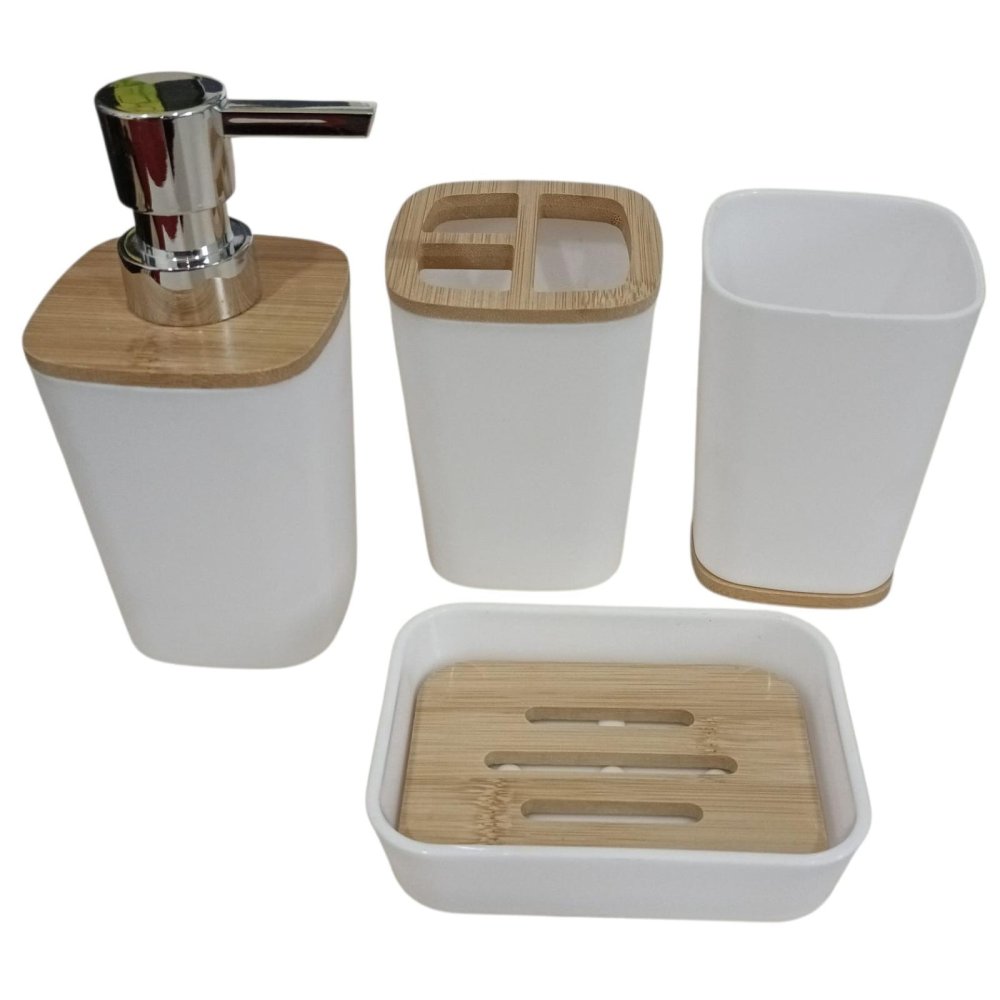 SET DE BAÑO x4 PLASTICO Y BAMBOO CUADRADO