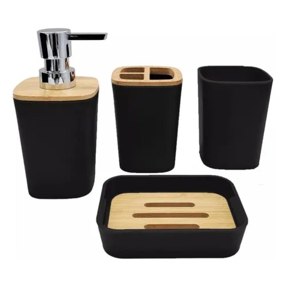 SET DE BAÑO x4 PLASTICO Y BAMBOO CUADRADO