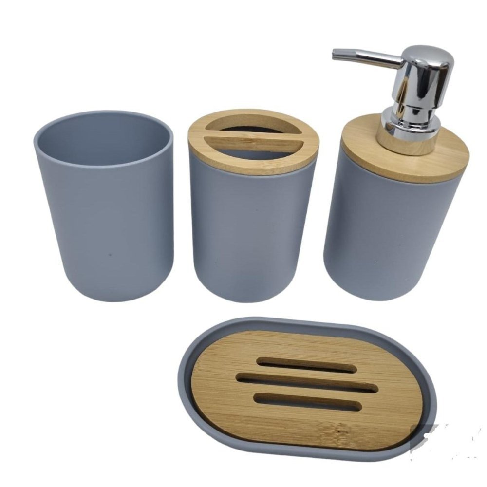 SET DE BAÑO x4 PLASTICO Y BAMBOO CIRCULAR NP-254